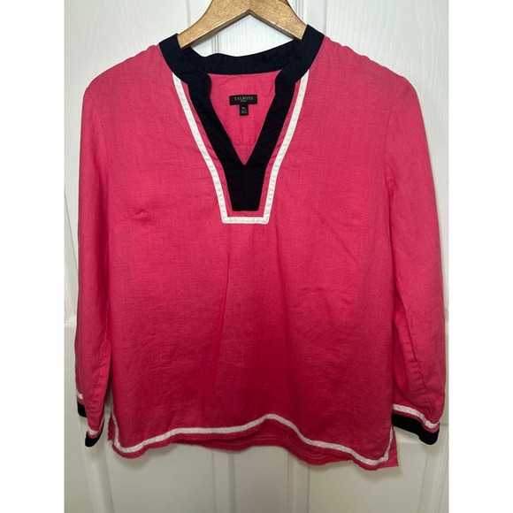 Talbots Petites Linen Top Pink Black White 3/4 Sleeve Tunic Blouse MP - Picture 1 of 6